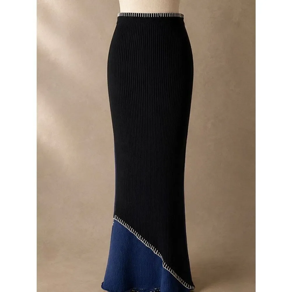 Another Girl Size L Ribbed Knit Midi Skirt midi Black Blue Colorblock Contrast S